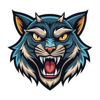 Aggressive blue cat head with horns, sharp teeth, and intense eyes. vector