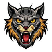 Aggressive gray cat head with orange fur and sharp teeth. vector