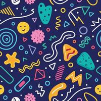 Abstract seamless pattern with colorful geometric shapes and doodles on dark blue background. vector