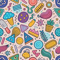 Abstract seamless pattern with colorful shapes, doodles, and geometric elements on a beige background. vector