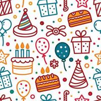 Festive birthday party seamless pattern with cake, presents, balloons, and confetti. vector