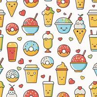 a seamless pattern with ice cream, donuts and other food items vector
