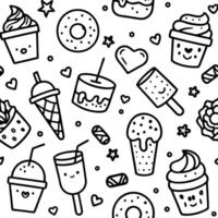 Cute doodle seamless pattern with ice cream, donuts, and drinks. vector