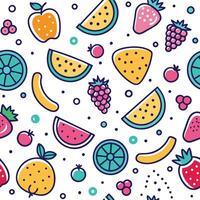 Colorful fruit pattern with watermelon, strawberry, apple, raspberry, banana, and citrus. vector