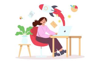 A woman sitting at a desk with a laptop and a rocket video