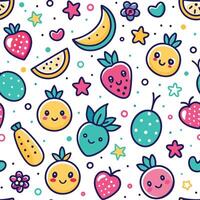 Cute fruit seamless pattern with kawaii faces, stars, and hearts on white background. vector