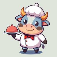 Cute cartoon bull chef in a toque, holding a serving tray with a dome. vector