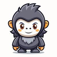 Cute cartoon baby monkey in a gray suit, standing and smiling. vector