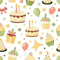 seamless pattern with birthday cake, cupcakes and stars vector
