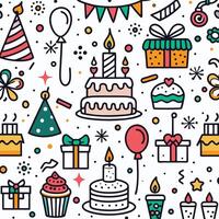Festive birthday pattern with cakes, gifts, balloons, candles, and party hats. vector
