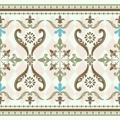 Delicate Royal Silk Weaves Scroll Ornament Exotic Mystery Elaborate Design Pattern Fleur de lis Twist Geometric Decoration. Brown Embroidery on Light Green Mint Background Seamless Border Decoration.