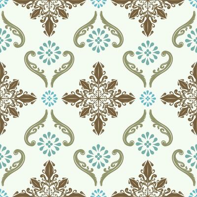 Elegance Baroque Rococo Vibe Exotic Light Color Theme Brown Khaki Green Florals Scroll Ornament on Pale Blue Background Seamless Pattern. Luxury Neatly Arranged Design for Classy Haute Couture Fashion