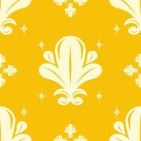 Delicate Fleur de lis Luxury Gold Scroll Ornament Design on Yellow Background Twinkle Florals Pattern Abstract Silk Weaves Elegant Curly Embroidery Seamless Pattern Decoration Royal Fabrics Wallpaper vector