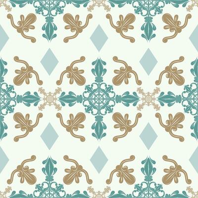 Magnificent Seamless Scroll Ornament Pattern Design Haute Couture Luxury Bluish Gold Geometric Diamond Ornate Florals Decoration Neatly for Fabrics Silk Weaves Embroidery Victorian Rococo Baroque.