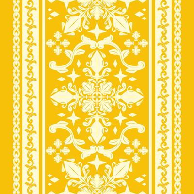 Exquisite Starry Shine Bright Royal Gold Florals Border Decoration on Yellow Background. Opulence Timeless Wealth Scroll Ornament Geometric Embroidery Seamless Pattern Design for Haute Couture Apparel