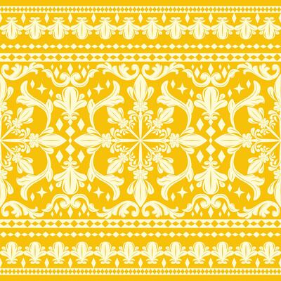Elegance Royal Gold Scroll Ornament Seamless Border Pattern on Yellow Background Elaborate Florals Geometric Brocade Embroidery Silk Weaves Luxury Design Classy Expensive Mood Haute Couture Decoration
