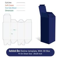 Auto lock box Size 4 x 10 in, Die line template, With 3D Box, File vector