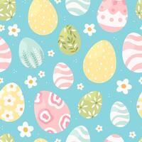 Seamless pattern with Easter eggs and flowers on a blue background. Easter illustration background. Cartoon illustration. vector