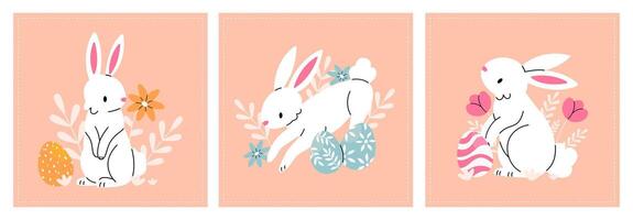 Set of Easter cards posters with a white rabbit, flowers and Easter eggs. illustration template. vector
