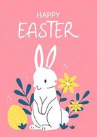 Easter postcard poster with white rabbit, flowers and Easter eggs and text Happy Easter on a pink background. illustration template. vector