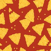 Seamless pattern with nachos snack in cartoon flat style on a red background. illustration background with traditional Mexican food vector