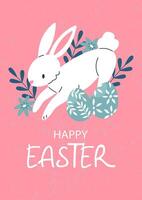 Easter card poster with a white rabbit, flowers and Easter eggs and text Happy Easter on a pink background. illustration template. vector