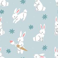 Seamless pattern with white bunnies and flowers on a blue background. Easter illustration background. Flat illustration. vector