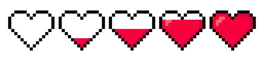 Pixel art set with game health hearts isolated on a white background. 8bit pixel illustration vector