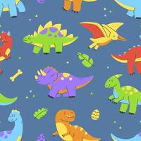 Seamless pattern with cute dinosaurs on blue background. Dino Illustration background. vector