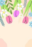 Spring postcard poster with flowers and leaves with space for your text. flat illustration template vector