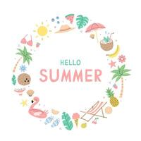 Hello summer card with summer items. Summer frame. flat illustration. vector