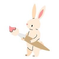 Cute bunny with a paint brush in his hands isolated on white background. flat illustration. vector
