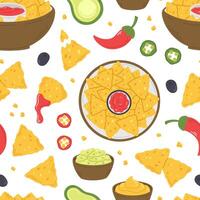 Seamless pattern with nachos snacks, sauces and peppers in cartoon flat style on a white background. illustration of a background with traditional Mexican food vector