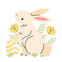 Cute bunny with yellow flowers and Easter eggs concept. Easter flat illustration isolated on a white background. vector