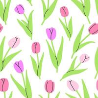 Seamless pattern with pink tulips on a white background. Flat illustration. vector