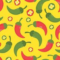 Seamless pattern with red and green peppers in cartoon flat style on a yellow background. illustration of a background with chili peppers and jalapenos. vector