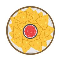 A plate with nachos and red salsa sauce in cartoon flat style isolated on white background top view. illustration with Mexican traditional food. vector