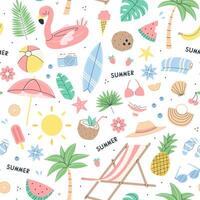 Cute summer seamless pattern with summer items on a white background. flat illustration background. vector