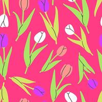 Seamless pattern with multicolored tulips on a pink background. illustration background. Flat illustration. vector