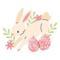 Cute bunny with pink flowers and Easter eggs concept. Easter flat illustration isolated on a white background. vector