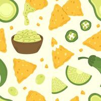 Seamless pattern with nachos snack, guacamole and jalapeno peppers in cartoon flat style on a white background. illustration of a background with traditional Mexican food vector
