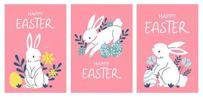 Set of Easter cards posters with a white rabbit, flowers and Easter eggs and text Happy Easter. illustration template. vector