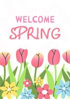 Spring postcard poster with flowers and leaves with text Welcome Spring. flat illustration. vector