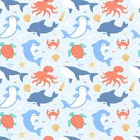 Ocean animals seamless cartoon blue pattern. Background pattern with dolphin, crab, whale, turtle, octopus, shark, killer whale. vector