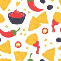 Seamless pattern with nachos snack, salsa sauce and peppers in cartoon flat style on a white background. illustration of a background with traditional Mexican food vector