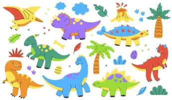 Cute colorful cartoon dinosaurs set collection. flat children's illustration with multicolored dinosaurs isolated on a white background. vector