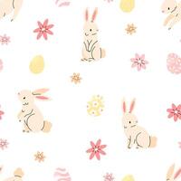 Seamless pattern with bunnies, Easter eggs and flowers on a white background. Easter illustration background. Flat illustration. vector