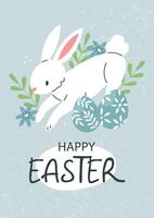 Easter postcard poster with a white rabbit, blue flowers and Easter eggs and text Happy Easter on a blue background. illustration template. vector