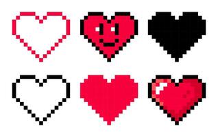 Pixel art set with cute different hearts isolated on a white background. 8bit pixel illustration vector