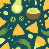 Seamless pattern with nachos snack, guacamole and jalapeno peppers in cartoon flat style on a dark green background. illustration of a background with traditional Mexican food vector